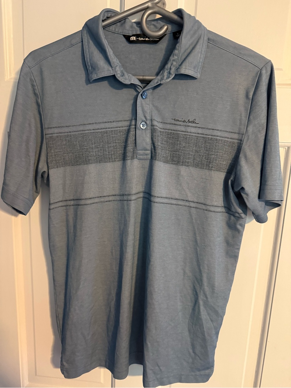 TravisMathew Slate Blue Striped Short-Sleeve Polo men’s small